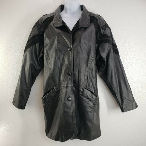 Womens‎ Vintage Black Genuine Leather Winlit short Trench Coat Jacket Medium Y2K - Picture 2 of 12